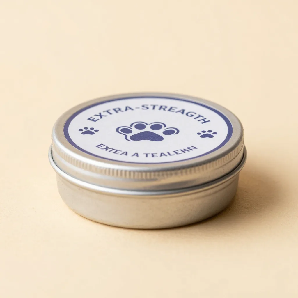 A tin of extra-strength paw balm on a warm background