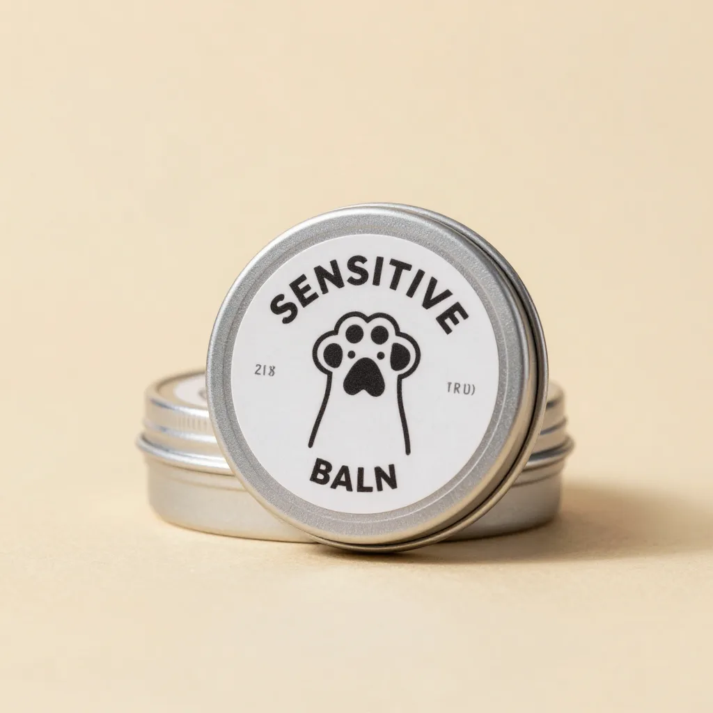 A tin of sensitive paw balm on a warm background
