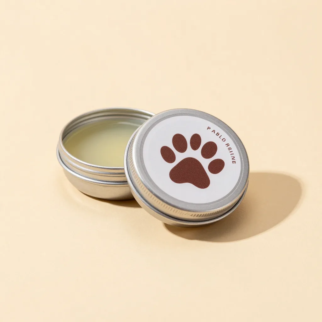 A small travel tin of paw balm on a warm background