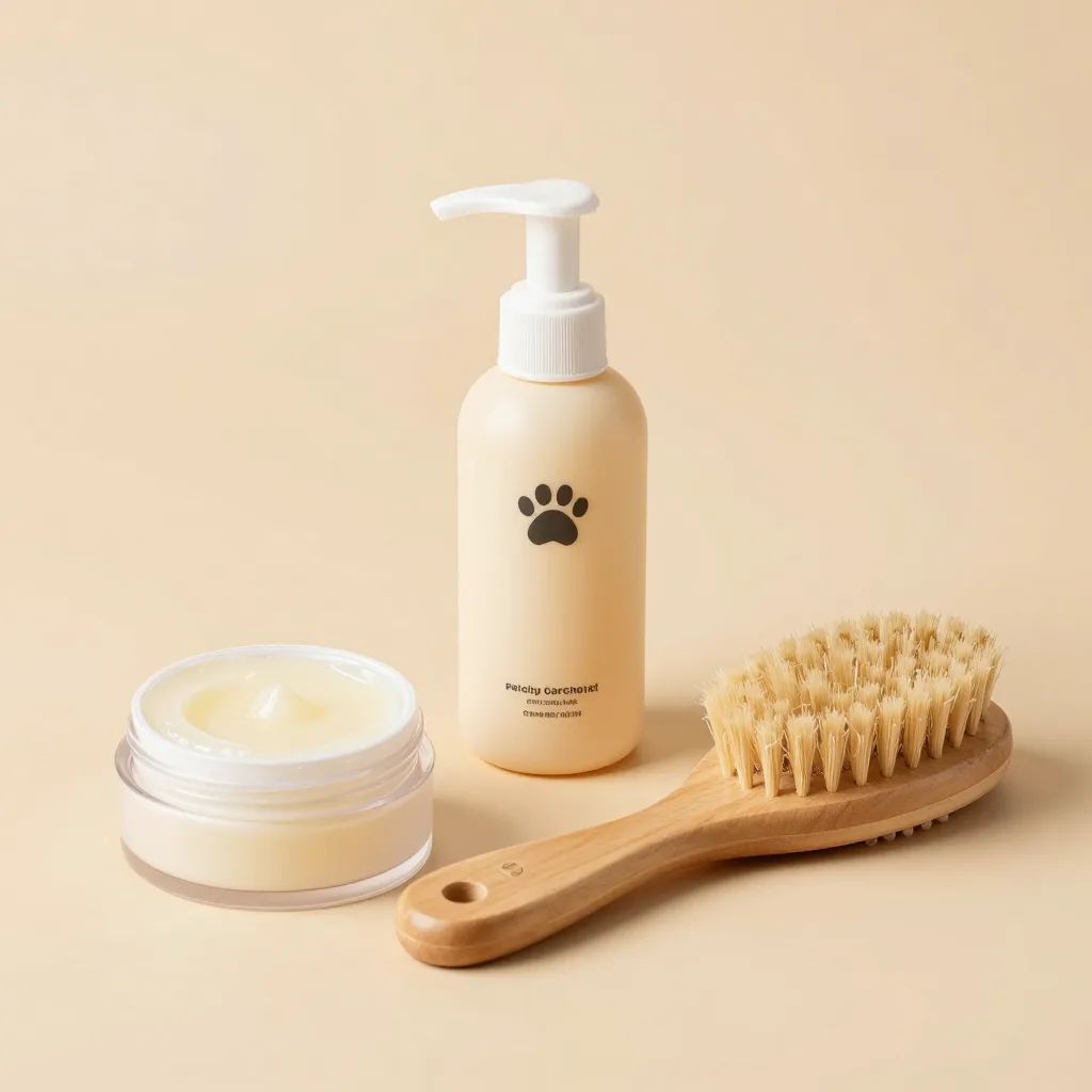 A paw care kit with balm and brush on a warm background
