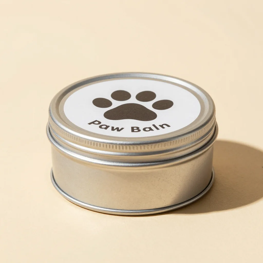 A large tin of paw balm on a warm background